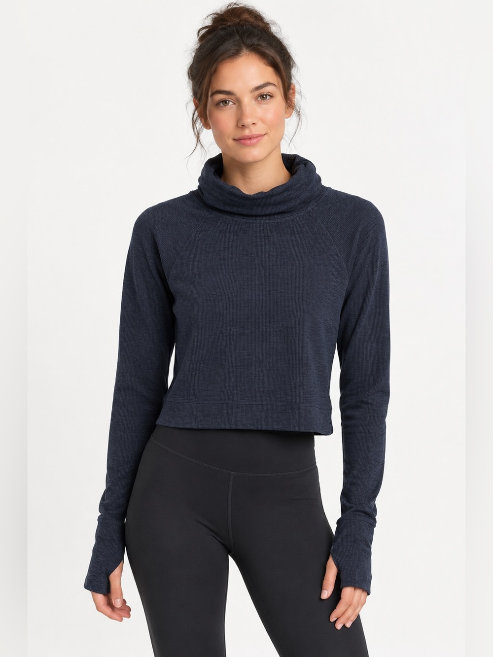 prAna Navy Blue Ribbed Funnel Neck Cropped Pullover Top Size Small
